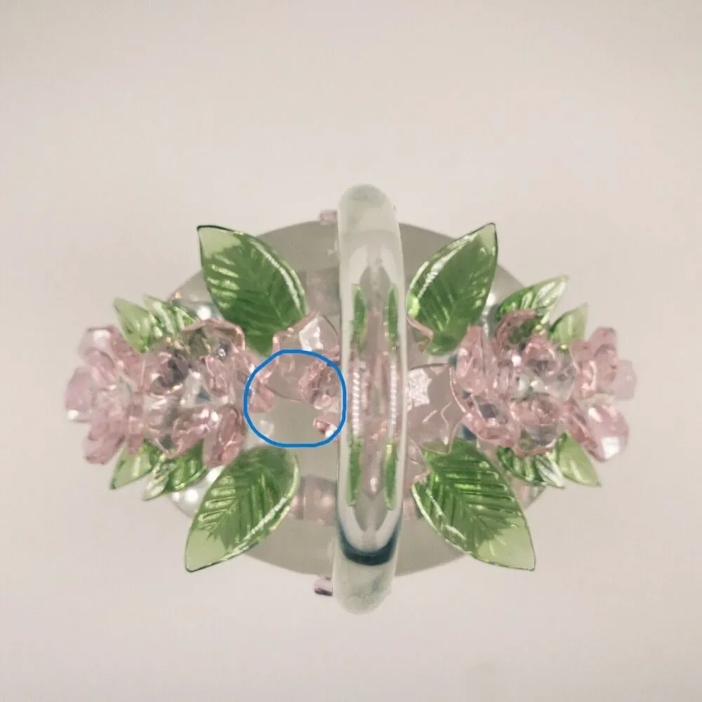 Sorelle Crystal Spring Basket of Flowers Pink Petals Green Leaves Bow 5 in Tall